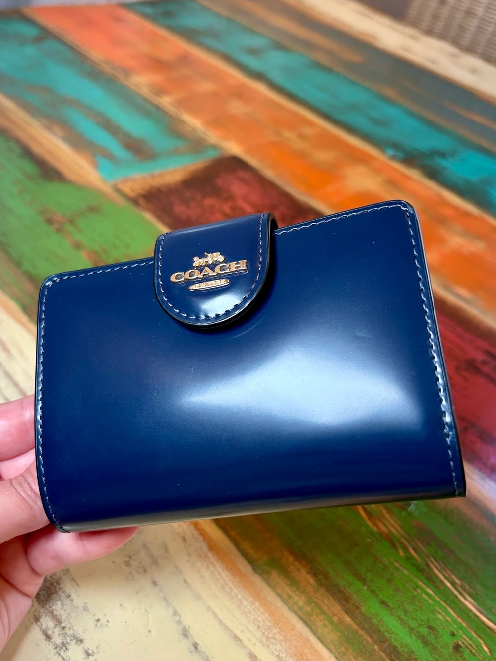 Coach Navy Spazzolato Leather Corner Zip Wallet EUC
